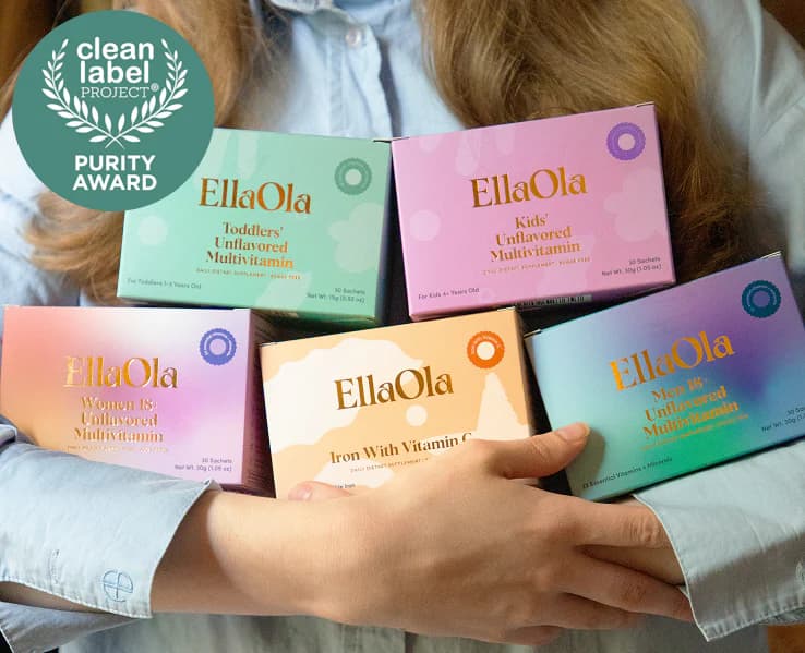 EllaOla multivitamin boxes with the Clean Label Project Purity Award badge